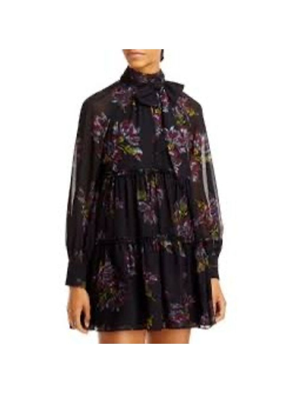 Cinq à Sept Revina Floral Print Mini Dress Black Size 0 Mock-neck Bow Key-hole - Picture 1 of 16